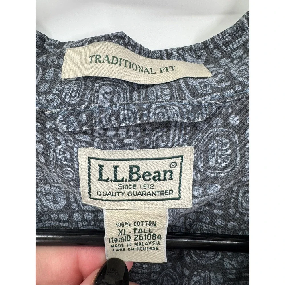LL Bean Men's XL Tall Short Sleeve Button Up‎ Shirt Blue Aztec Print Cotton